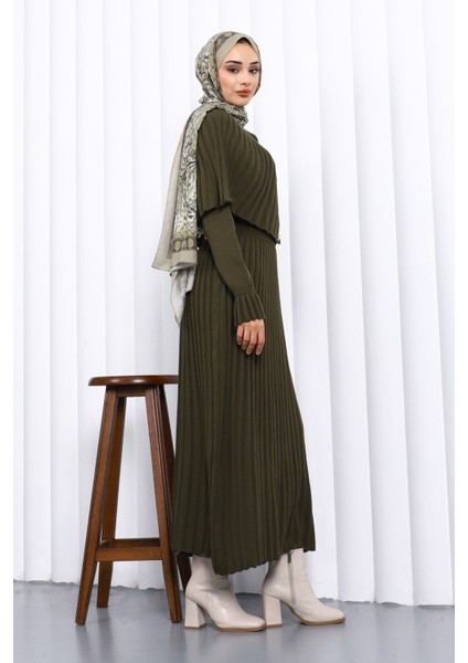 Haki Pelerin Detaylı Uzun Triko Elbise fırsatları