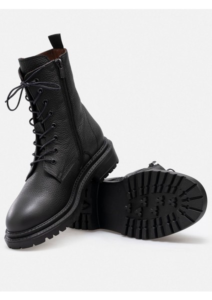Siyah Hakiki Flotter Deri Fermuarlı Bağcıklı Kadın Bot modelleri