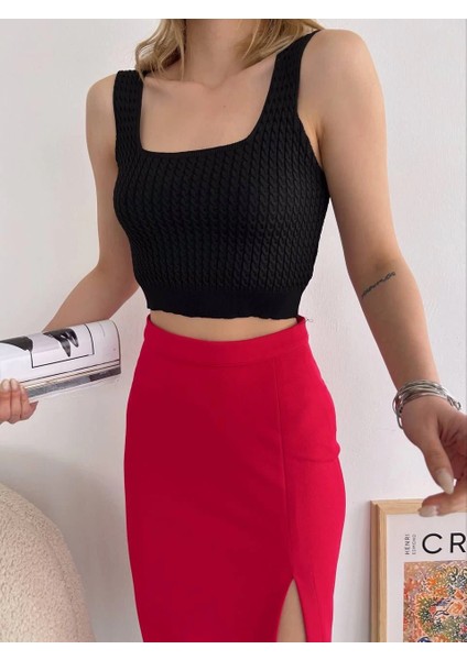 Lvsqvr Yırtmaçlı Esnek Kumaş Midi Boy Etek Koyu Kırmızı (Beden: M) fırsatları