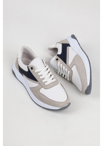 Erkek Spor Sneaker Beyaz ve Taş Rengi Ayakkabı Ortopedik Tabanlı D100