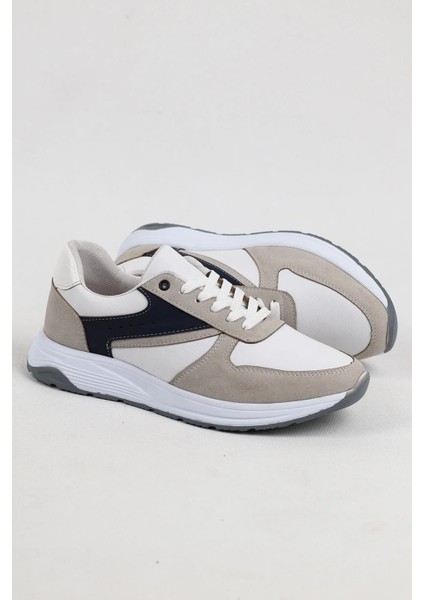 Erkek Spor Sneaker Beyaz ve Taş Rengi Ayakkabı Ortopedik Tabanlı D100 modelleri