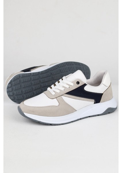 Erkek Spor Sneaker Beyaz ve Taş Rengi Ayakkabı Ortopedik Tabanlı D100 fırsatları