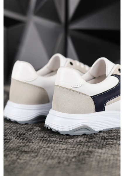 Erkek Spor Sneaker Beyaz ve Taş Rengi Ayakkabı Ortopedik Tabanlı D100