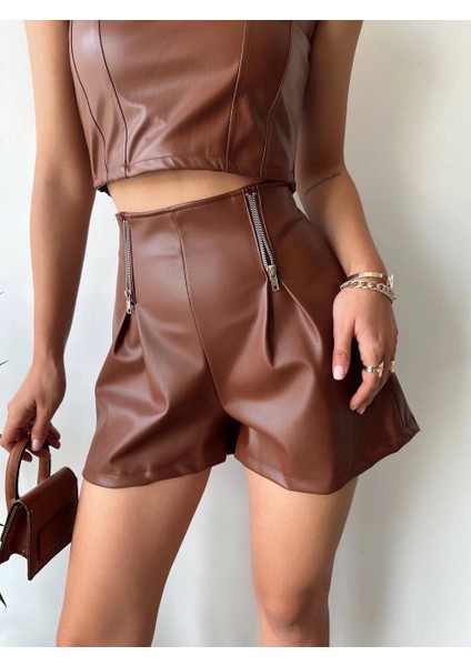 Lvsqvr Çift Fermuarlı Deri Şort Kahve H24394 (Beden: S) modelleri
