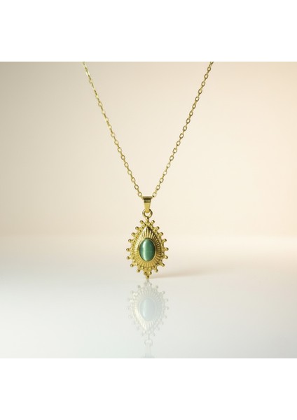 Çelik Kedi Gözü Yeşil Taşlı Kolye Altın Rengi Mistik Vintage Kararmaz Takı