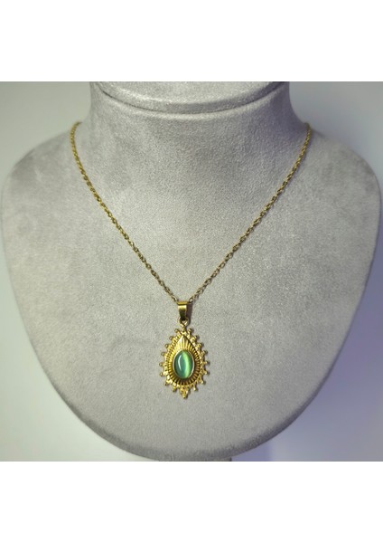 Çelik Kedi Gözü Yeşil Taşlı Kolye Altın Rengi Mistik Vintage Kararmaz Takı modelleri