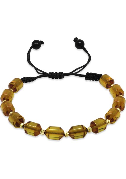 Makrome Örgülü Dorika Top Süslemeli Sarı Ateş Kehribar Kadın Bileklik