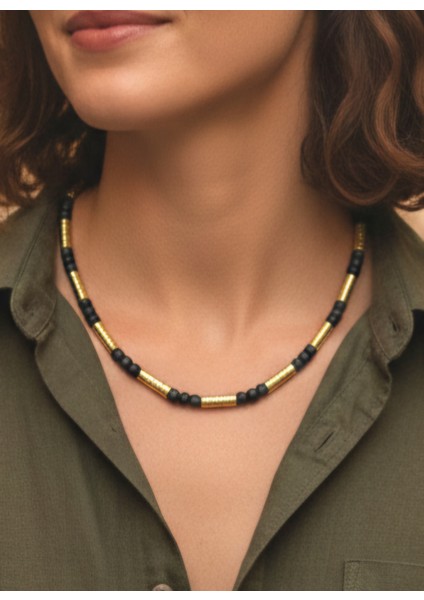 Çelik Çubuk Kolye Siyah Minimalist Choker Kararmaz Kadın Takı