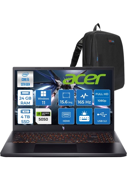 Nitro V 15 ANV15 Intel®core™ I5 13420H 24GB 4tb SSD RTX5050/8GB 75W 15.6 Inç 165Hz Fhd 1920X1080 IPS WIN11HOME Gaming Bilgisayar NHQZ7EY003H10+ZETTAÇANTA