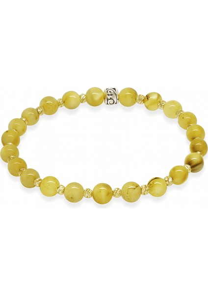 Dorika Top Süslemeli Küre Kesim Sarı Beyaz Renk Doğal Damla Kehribar Kadın Bileklik