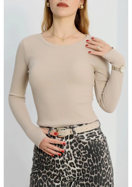 Bisiklet Yaka Parmak Geçmeli Kaşkorse Bluz Bej A3829 fırsatları