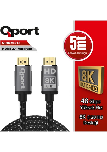 Qport Q-HDMI215 HDMI Kablo 5 mt 2.1V 8k Altın Uçlu Örgülü