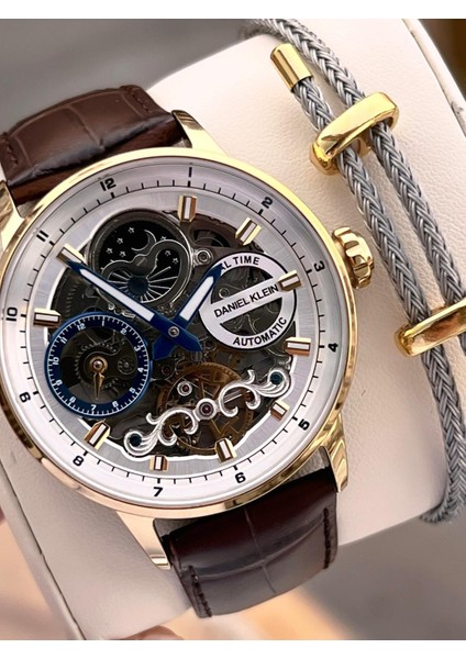 Deri Kordon Otomatik Mekanizma Metap ve Güneş Kadranlı Erkek Kol Saati+Bileklik 14013.5