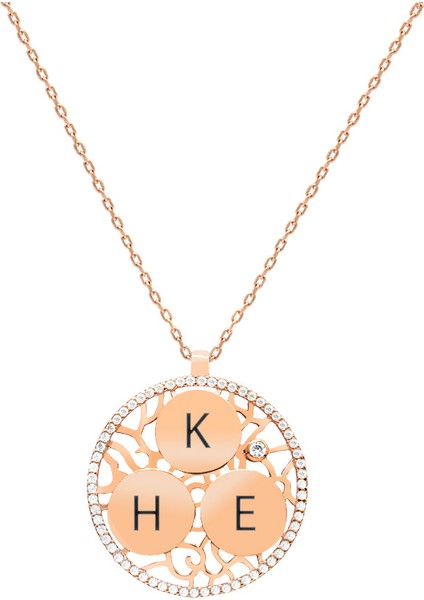 Zirkon Taşlı Rose Renk Kişiye Özel Üç Isim Veya Harf Yazılı 925 Ayar Gümüş Kadın Kolye