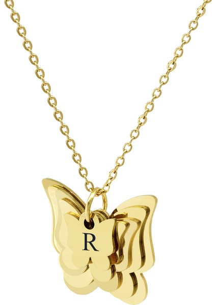 Altın Renk Kelebek Tasarım Aile Temalı Kişiye Özel Çelik Kadın Kolye - En Fazla 5 Isim