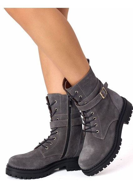 Antrasit Gri Hakiki Deri Bağcıklı Fermuarlı Kadın Bot