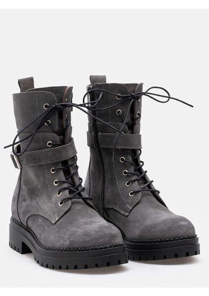 Antrasit Gri Hakiki Deri Bağcıklı Fermuarlı Kadın Bot indirimleri