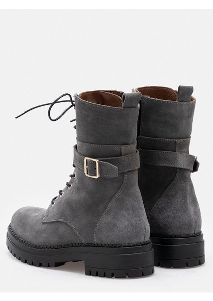 Antrasit Gri Hakiki Deri Bağcıklı Fermuarlı Kadın Bot