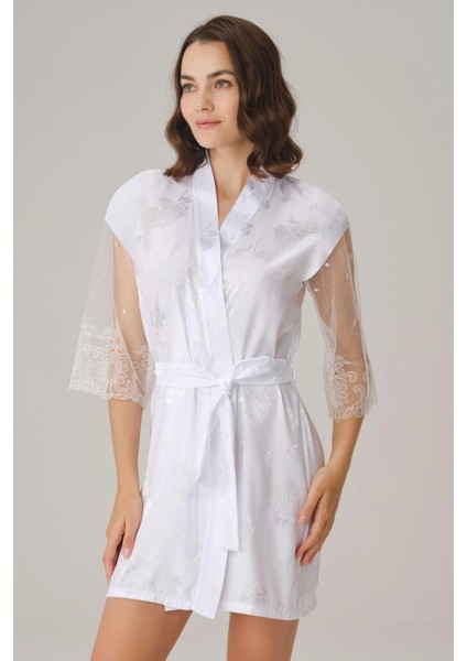 Mdb Çeyizlik Uzun Kol V Yaka Kadın Saten Düz Yazlık Mini Dantel Detaylı Sabahlık