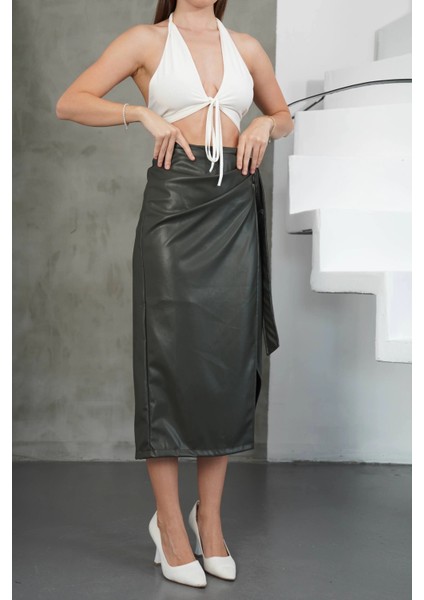 Kuşaklı Uzun Deri Etek Haki H26414