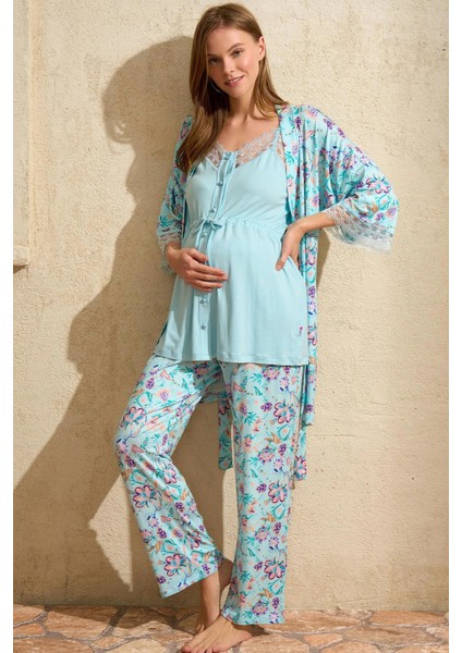 Mdb Mdbshop Ip Askılı V Yaka Kadın Çiçek Desenli Yazlık Dantel Detaylı Hamile Pijama Takımı Sabahlık