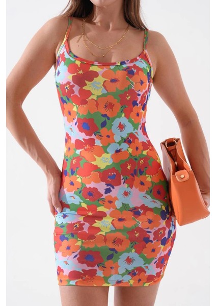 Bosel Kadın Ince Askılı Desenli Elbise S8105