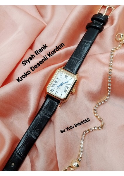 Retro Vintage Kadın Kol Saati- Gold Kasa- Oval Model- Siyah Kroko Desenli Kordon TT0054