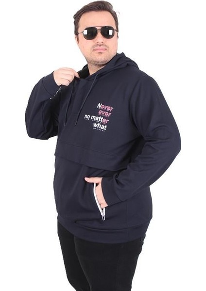 Büyük Beden Kapüşonlu Sweat Double Face Never 25706 Lacıvert