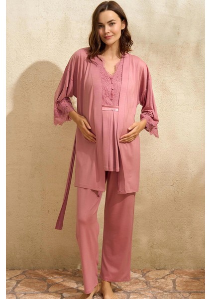 Mdb Mdbshop Sıfır Kol V Yaka Kadın Viskon Düz Yazlık Uzun Dantel Detaylı Hamile Pijama Takımı Sabahlık