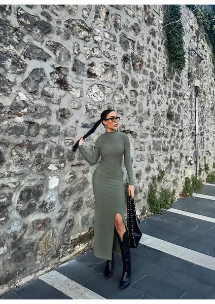 Lvsqvr Yırtmaçlı Kalın Bürümcük Uzun Elbise Yeşil (Beden: L)