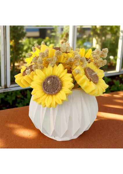 Ayçiçeği Buket Mum – El Yapımı Taş Tozu Vazo & %100 Soya Wax Kokulu Çiçek Mum Seti