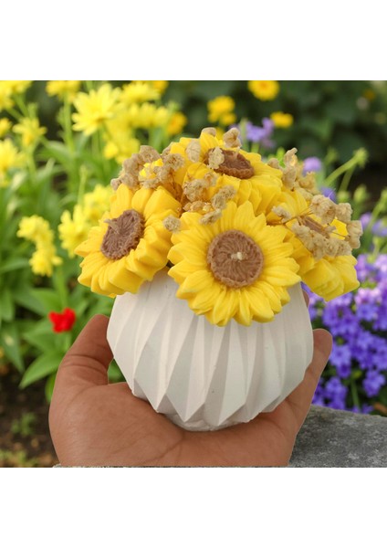 Ayçiçeği Buket Mum – El Yapımı Taş Tozu Vazo & %100 Soya Wax Kokulu Çiçek Mum Seti fiyatları