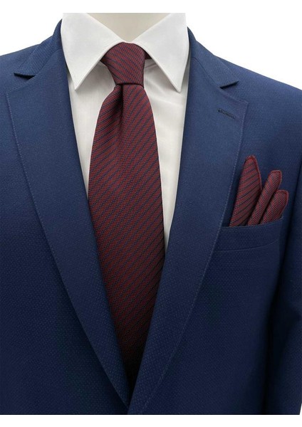 7.5 cm Bordo Lacivert Çizgili Kravat Mendil Set