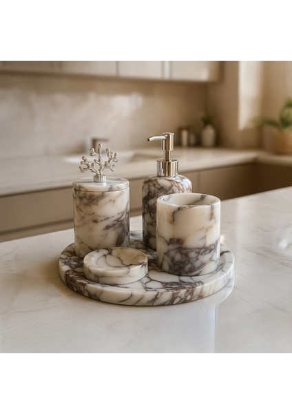 Leylak Mermer Banyo Seti 5’li – El Yapımı Doğal Taş Banyo Aksesuar ve Dekoratif Set