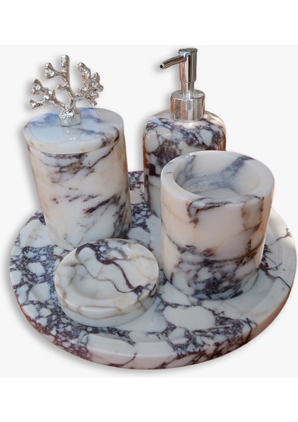 Leylak Mermer Banyo Seti 5’li – El Yapımı Doğal Taş Banyo Aksesuar ve Dekoratif Set modelleri