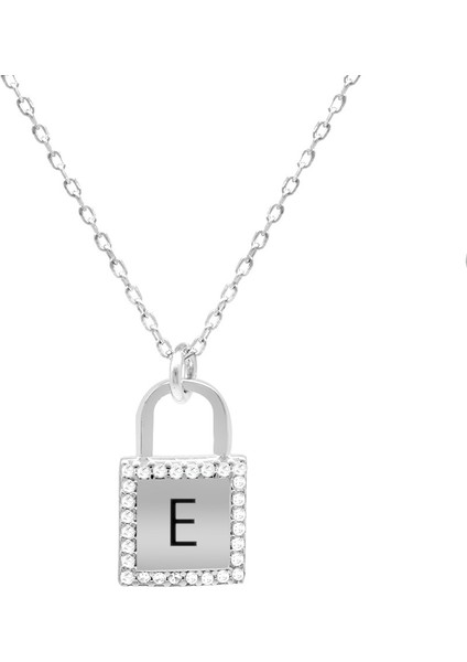 Zirkon Taşlı Kilit Tasarım Gümüş Renk Isme Özel Harf Yazılı 925 Ayar Gümüş Kadın Kolye