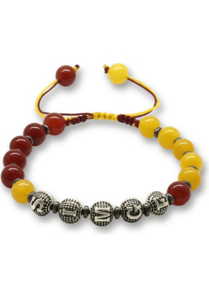 Isme Özel Yazılı Makrome Örgülü Küre Sarı Kırmızı Jade Akik Hematit Doğaltaş Kadın Taraftar Bileklik