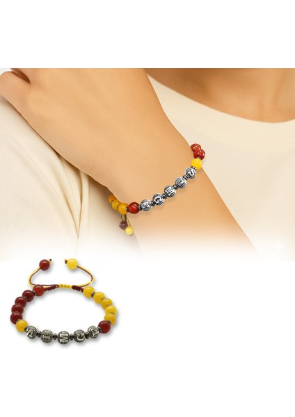 Isme Özel Yazılı Makrome Örgülü Küre Sarı Kırmızı Jade Akik Hematit Doğaltaş Kadın Taraftar Bileklik fiyatları