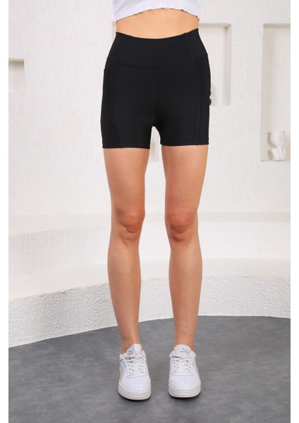 Yüksek Bel Siyah Kısa Spor Cepli Tayt fırsatları