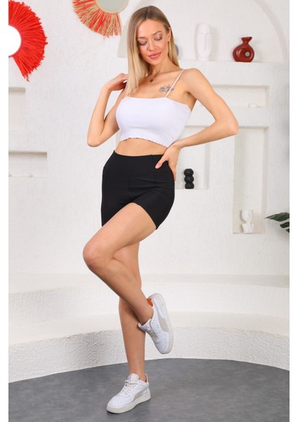 Yüksek Bel Siyah Kısa Spor Cepli Tayt indirimleri