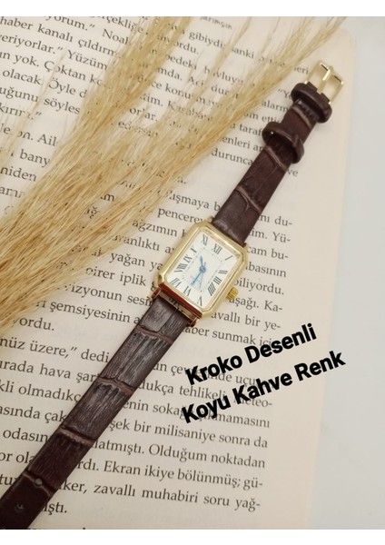 Retro Vintage Kadın Kol Saati- Gold Kasa- Oval Model- Koyu Kahve Kroko Desenli Kordon TT0054