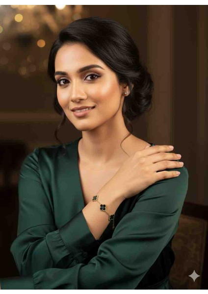 Şans ve Zarafet Dört Yapraklı Siyah Yoncalı Ince Zincir Bileklik