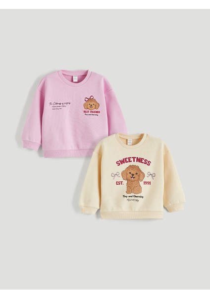 Yeni Sezon Bisiklet Yaka Kız Çocuk Kalın Sweatshirt 2'li