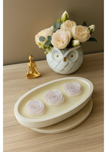 Şakayık Gül Tasarımlı Yasemin Kokulu Mum – Oval Dekoratif Kase Mum