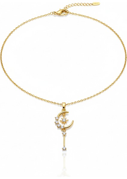 Çelik Ay Yıldız Kolye Kararmaz Zirkon Taşlı Pırlanta Montür Sallantılı Kadın Takı