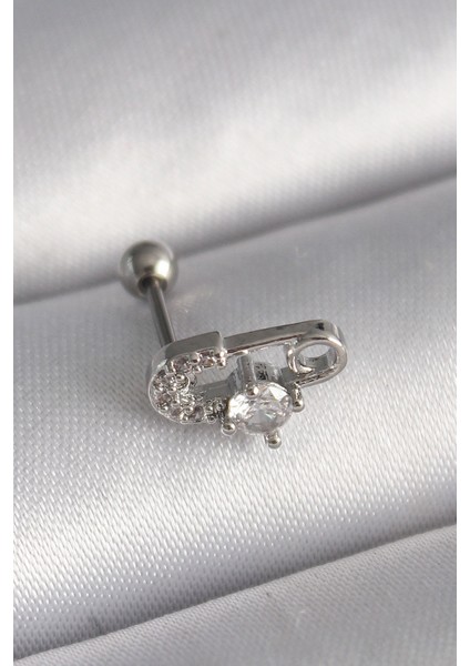 316L Çelik Gümüş Renk Zirkon Taşlı Toplu İğne Tragus Piercing - TJ-PR1275