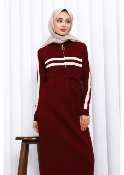 Bordo Yaka Fermuarlı Fitilli Çizgili Triko Elbise fiyatları