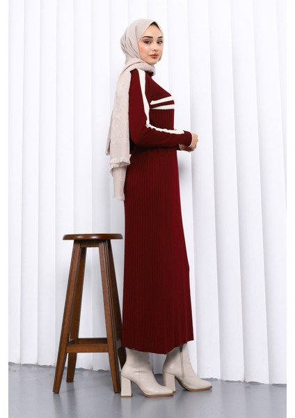 Bordo Yaka Fermuarlı Fitilli Çizgili Triko Elbise modelleri