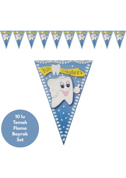 Diş Desenli Ilk Dişim Mavi Flama Bayrak Set Süs