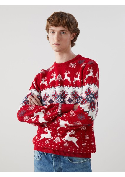 Yeni Sezon Bisiklet Yaka Uzun Kollu Yılbaşı Temalı Erkek Triko Kazak